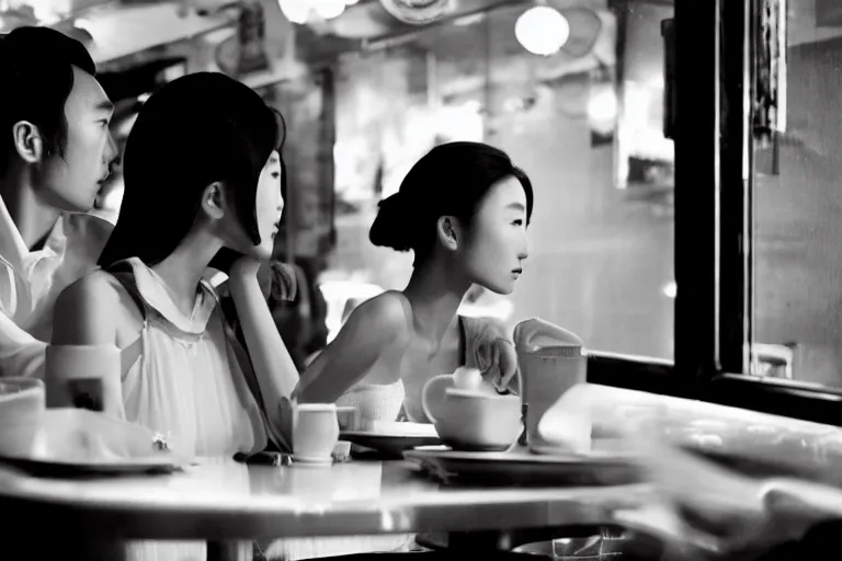 Image similar to movie interior closeup beautiful Chinese fashion model couple closeup sitting at 50s diner, night in the city, beautiful skin, by Emmanuel Lubezki