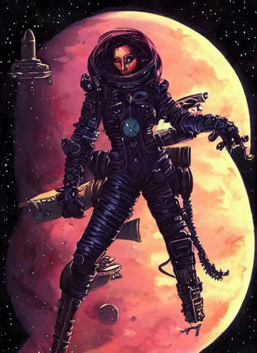 Image similar to portrait of female space pirate, night sky background, beautiful! coherent! by brom, deep color, strong line, high contrast