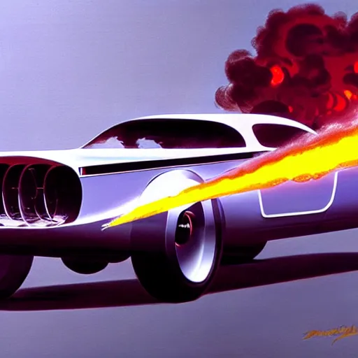 Image similar to concept art for a car with flame throwers, painted by syd mead, high quality