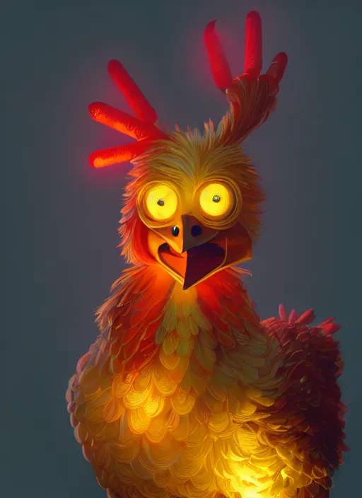 Image similar to portrait of chica the chicken from fnaf, intricate, elegant, glowing lights, highly detailed, digital painting, artstation, concept art, sharp focus, illustration, art by wlop, mars ravelo and greg rutkowski