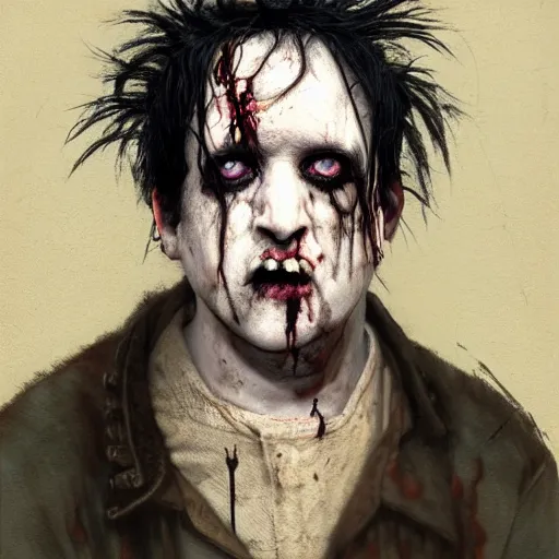 Image similar to early robert smith as a zombie looking shy, 7 days to die zombie, fine art, award winning, intricate, elegant, sharp focus, cinematic lighting, digital painting, 8 k concept art, art by z. w. gu, art by brom, art by michael hussar, masterpiece, 8 k