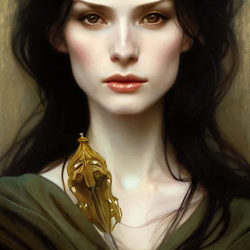 Image similar to Portrait of a beautiful, pale skin, Eastern European female with long black hair, dark eyes, elegant clothing, photorealistic, highly detailed, artstation, smooth, sharp focus, art by Klimt, artgerm, Greg Rutkowski and Alphonse Mucha