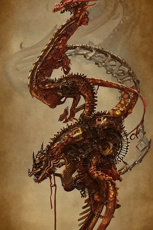 Prompt: illustration, live dragon, old sick gold and crimsoned scaled asian style dragon on a steam punk plank of machinery with wires and gears and steam punk apparatus, matte painting, style of studio ghibli, concept art, featured in artstation and artgerm and pixiv, award winning, cinematic, 8 k