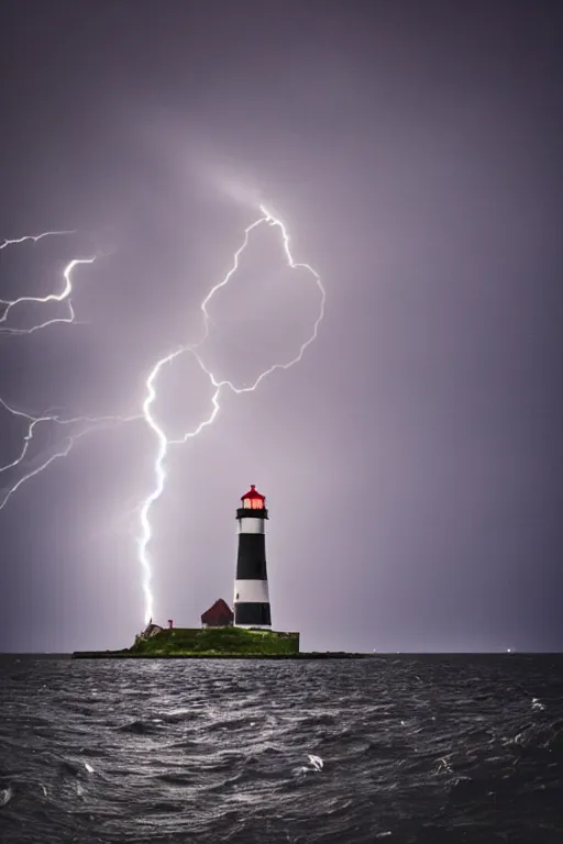 Image similar to photo lighthouse on island, heavy rain, lightning storm, boat lights in distance, night, light shining, XF IQ4, 150MP, 50mm, f/1.4, ISO 200, 1/160s, natural light, Adobe Photoshop, Adobe Lightroom, DxO Photolab, polarizing filter, Sense of Depth, AI enhanced, HDR