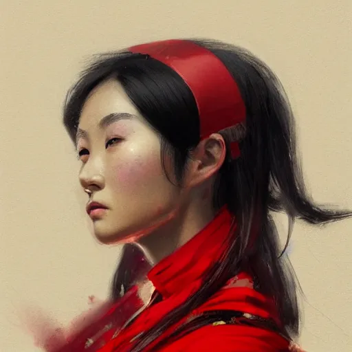 Prompt: A portrait of a Chinese beauty in red shirt, black hairs, ancient art, art by greg rutkowski, matte painting, trending on artstation