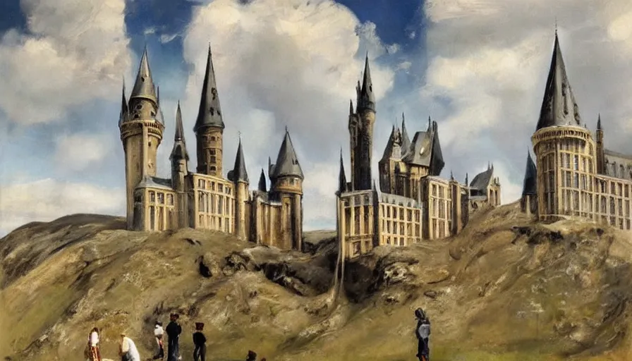 Image similar to painting by borremans, hogwarts castle, detailed, stunning