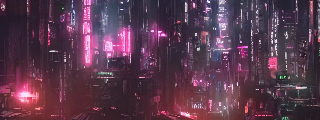 Image similar to matte painting of a dark neon cyberpunk city in the film ghost in the shell, trending on artstation, 8k, ultra hd