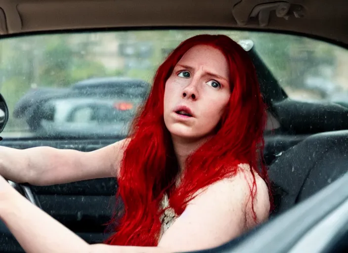 Prompt: A very high resolution image from a new movie, inside of a car, red hair woman, raining, hot, directed by wes anderson