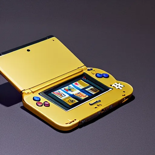 Prompt: a hyper, coherent photoshoot of a golden nintendo 3 ds system