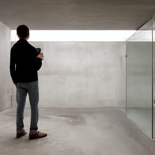 Image similar to a man taking a selfie in a minimalistic concrete room, standing on the edge of a rectangular pond in the center of the room surrounded by upholstered sofas, a tilt shift photo by leandro erlich, featured on cg society, kitsch movement, hall of mirrors, high dynamic range, studio portrait