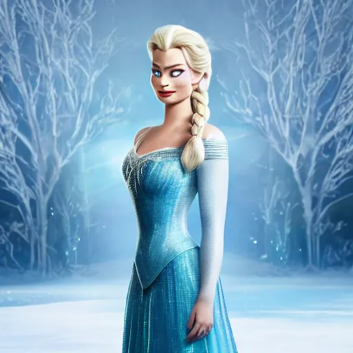 Image similar to Margot Robbie as Elsa in disney frozen live action, 8k full HD photo, cinematic lighting, anatomically correct, oscar award winning, action filled, correct eye placement,