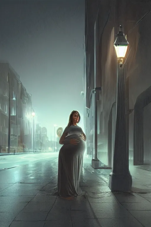 Image similar to pregnant woman under street light, highly detailed, sharp focused, ultra realistic digital concept art by Eugenio Álvarez Dumont