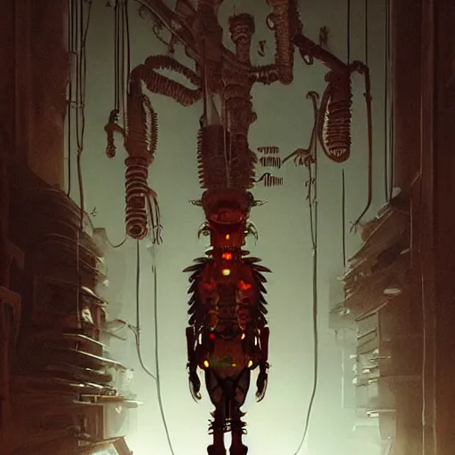 Image similar to minimalist cyborg goblin inside byzantine kowloon hoarder labaratory, portrait by by greg rutkowski and h. r. giger and stalenhag and deak ferrand, studio ghibli composition