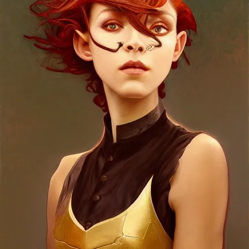 Prompt: a beautiful and androgynous half - elf with dark skin tone and messy short red hair and copper eyes with slit pupils, dressed in a jodhpuri suit, dnd character, golden aura, realistic portrait by ross tran and gerald brom and kehinde wiley and fernando amorsolo and alphonse mucha, trending on artstation