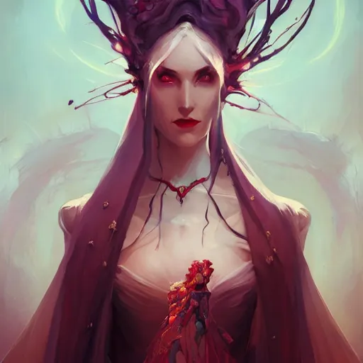 Prompt: a portrait of a beautiful bride of dracula, concept art by pete mohrbacher and wlop and artgerm and guweiz and ilya kuvshinov, digital art, highly detailed, intricate, sci - fi, sharp focus, trending on artstation hq, deviantart, unreal engine 5, 4 k uhd image