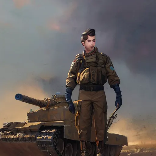 Prompt: Young man with blue eyes and brown hair, wearing a military uniform, standing next to a tank, by Greg Rutkowski, matte painting, trending on artstation