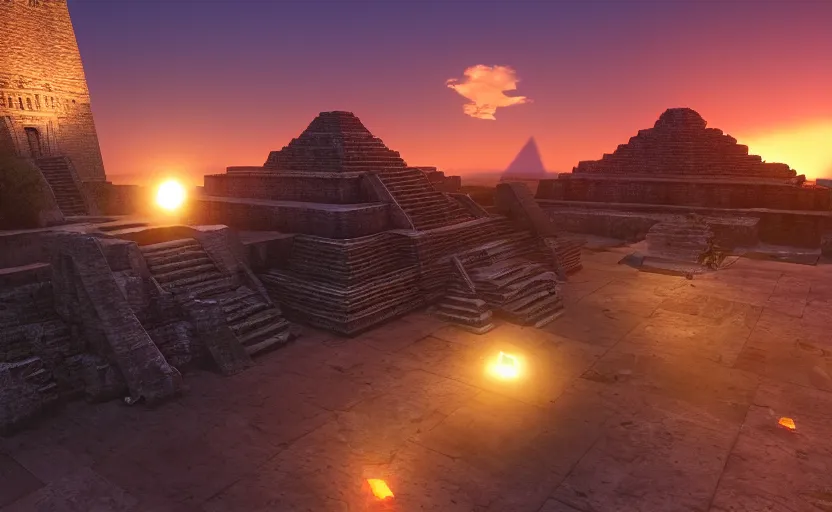 Prompt: crystal tetrahedron in the middle of an aztec temple, sunset, godrays, orange and blue sky, volumetric lighting, a high - quality render, photorealistic, unreal engine 5