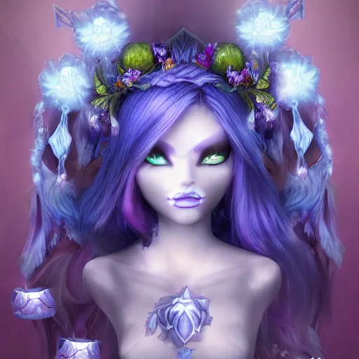 Prompt: World of Warcraft night elf druid with flowing silver blue hair, lots of flowers, pearlescent, dreamy