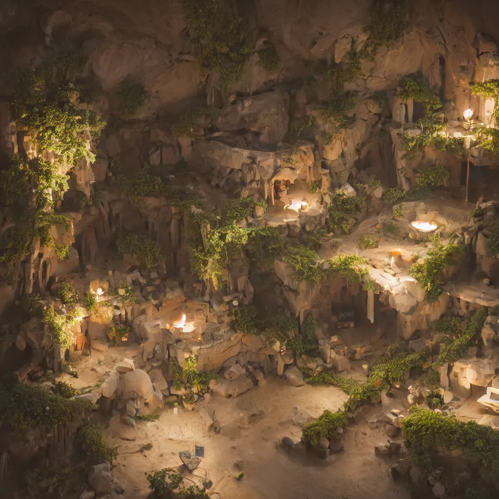 Image similar to secret overwatch common area carved inside a cave, multiple bedrooms, sheltered, magical, natural light, planters, central tree, candle light, cinematic lighting, clean lines, cozy, fantasy, minimalist architecture, sharp focus, concept art, octane render 8 k