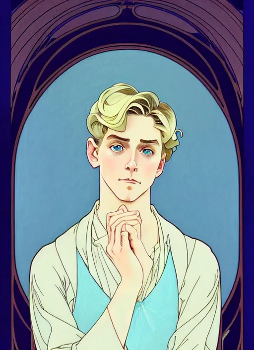 Image similar to art nouveau portrait of a pretty young man with short blond hair, light blue eyes, sad expression, scared, head down, shy and demure, natural lighting, path traced, highly detailed, high quality, cartoon, digital painting, by don bluth and ross tran and studio ghibli and alphonse mucha