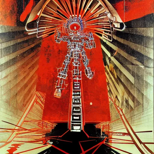 Image similar to the fullmetal wired neon friendly robot orion crosses the infinite series of tori gates between reality and simulation at fushimi inari taisha, hanafuda oil on canvas by dave mckean, ivan shishkin, james jean and yoji shinkawa