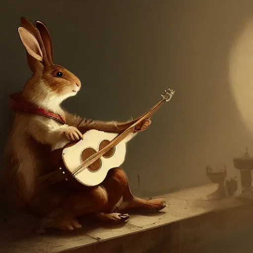 Image similar to An anthropomorphic rabbit plays the lute, highly detailed, artstation, greg rutkowski