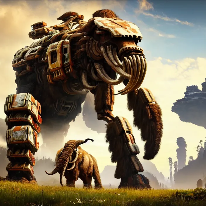 Prompt: photo of a mechanised mammoth in the style of horizon zero dawn, highly detailed, 4 k, hdr, smooth, sharp focus, high resolution, award - winning photo