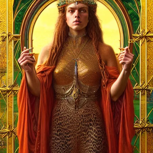 Image similar to highly detailed portrait of a majestic lioness queen in the form of a beautiful woman. d & d, art by donato giancola and edmund leighton and wes anderson. trending on artstation, intricate details, energetic composition, golden ratio, concept art, illustration, elegant art, global illuminaition