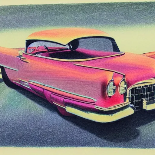 Prompt: a color pencil product design drawing of a 5 0 s flying cadillac car model with wings