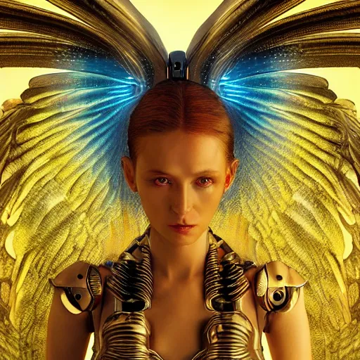 Image similar to UHD photorealistic studio portrait of a cyborg Angel with Angel wings, futuristic robot angel, extremely detailed, 8k, cinematic lighting, in the style of Max Ernst and Karol Bak, art by Amano with vivid colors and crisp details