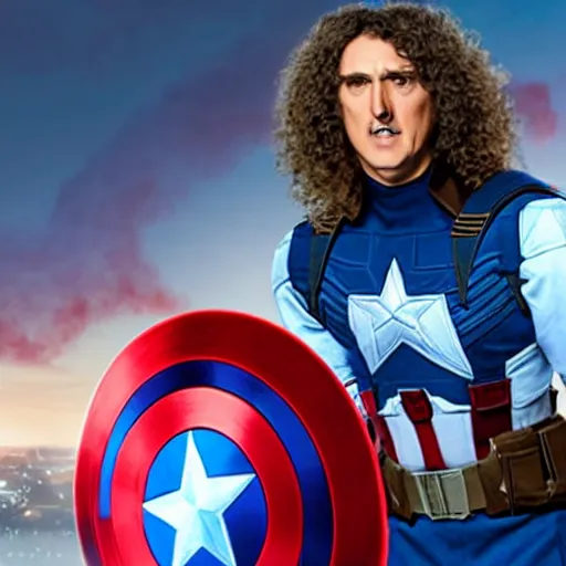 Image similar to film still of weird al as captain america, full body shot, hero pose, fireworks in the background