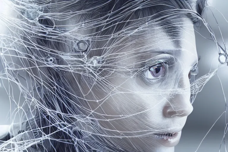 Prompt: a female made out of white glass with wires connecting here eyes to a massive computer, photorealistic digital art