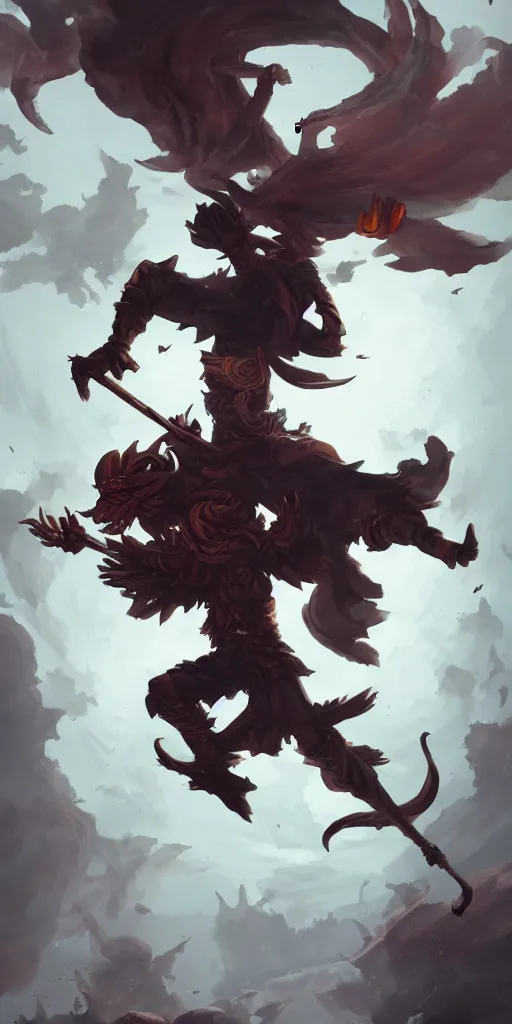 Prompt: Falling ancient warrior, mid air, clean white background, in Style of Peter Mohrbacher, cinematic lighting