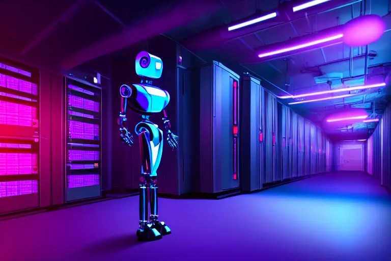 Prompt: full body robot picture, background is data server room, neon and dark, purple and blue color scheme, by dan mumford, global illumination ray tracing hdr render in unreal engine 5