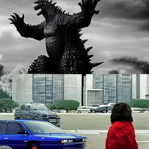 Prompt: godzilla vs obama in a wendy ’ s parking lot, photography, realistic, realism, photorealism, f 3. 5