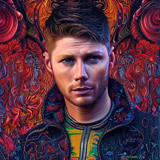 Image similar to portrait of jensen ackles, hyper detailed masterpiece, neon floral pattern, jean giraud, digital art painting, darkwave goth aesthetic, psychedelic, artgerm, donato giancola and tom bagshaw