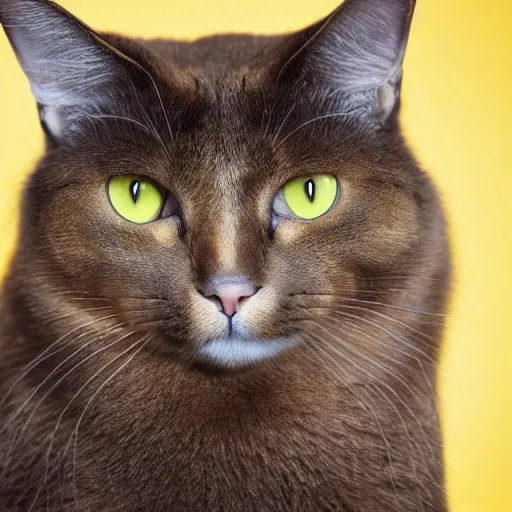 Prompt: studio photo of a completely brown cat with yellow eyes