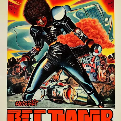 Image similar to b - movie poster, a heavily modified 1 9 7 0's dodge charger with a cow catcher and metal armor, a funky vixen with an afro, a gang of 1 9 7 0 s drug dealers, an explosion, 1 9 7 0's detroit building la