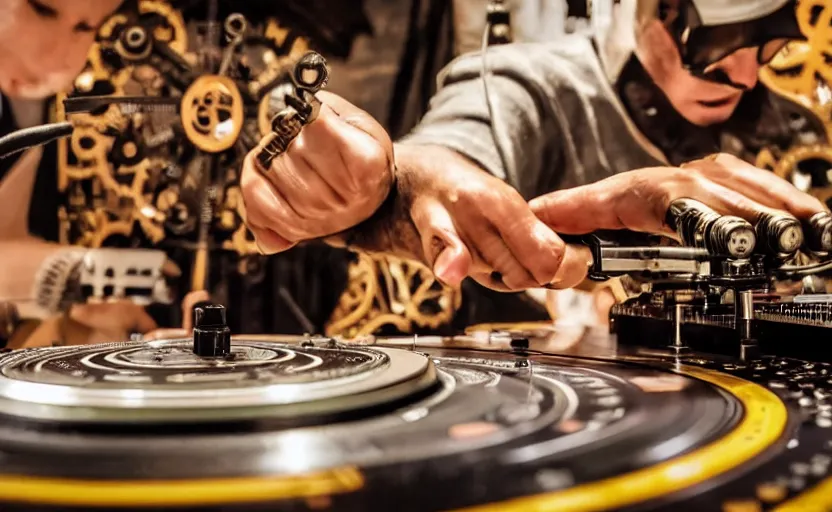 Prompt: a turntablist dj scratching on a retro steampunk clockwork mixing board and record player, intricate carved wood, planetary gears, complex contraption, person wearing old school headphones and visor, cinematix, imax, sharp focus, hyper detail