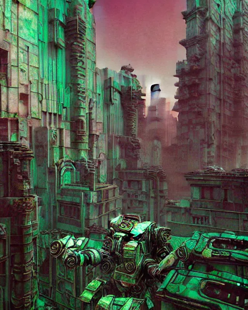 Prompt: hyperrealistic ornate mecha iridescent pink brutalist city ruins background concept art santiago caruso de chirico sharp very dramatic green light 8k low angle shallow depth of field
