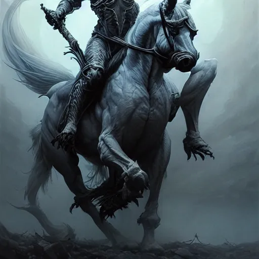 Image similar to concept art by artgerm, death of the four horsemen of the apocalypse, soft grey and blue natural light, intricate, queen of death riding, highly detailed dark art, digital painting, artstation, concept art, smooth, sharp focus, illustration, art by greg rutkowski and luis rollo and uang guangjian and gil elvgren, symmetry!