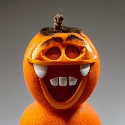 Image similar to a taxidermized annoying orange, in a museum, 8 5 mm lens, 7 0 mm entrance pupil diameter