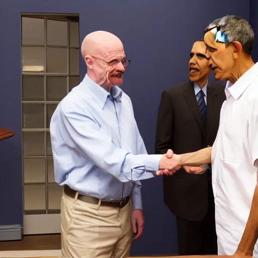 Prompt: walter white shaking hands with obama