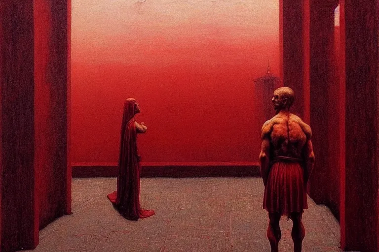 Image similar to only with red, caesar after war, the great deal, a red tiger, in hoc signo vinces, rome in background, an ancient path, in the style of beksinski, part by hopper, part by rodcenko, part by hofbauer, intricate composition, red by caravaggio, insanely quality, highly detailed, masterpiece, red light, artstation