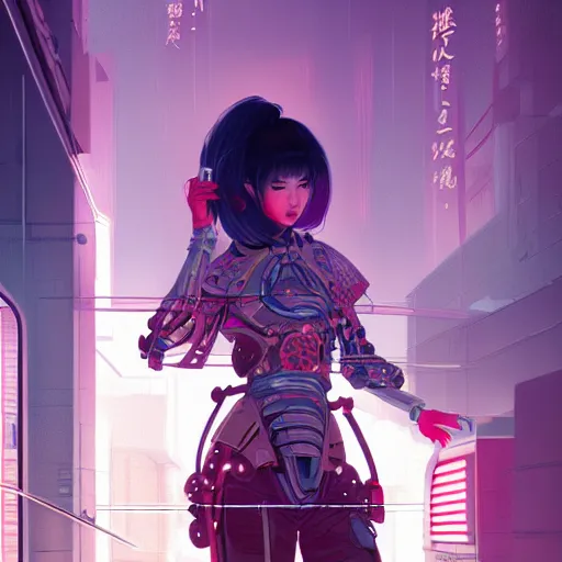 Image similar to portrait futuristic Samurai Girl, in future cyberpunk tokyo rooftop , ssci-fi, fantasy, intricate, very very beautiful, elegant, human anatomy, neon light, highly detailed, digital painting, artstation, concept art, smooth, sharp focus, illustration, art by tian zi and WLOP and alphonse mucha