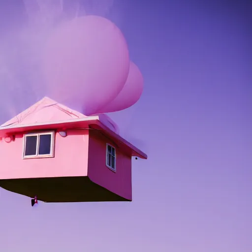 Image similar to a 5 0 mm lens photograph of a cute pink floating modern house, floating in the air between clouds, inspired by the movie up, held up from above by heart ballons. mist, playful composition canon, nikon, award winning, photo of the year