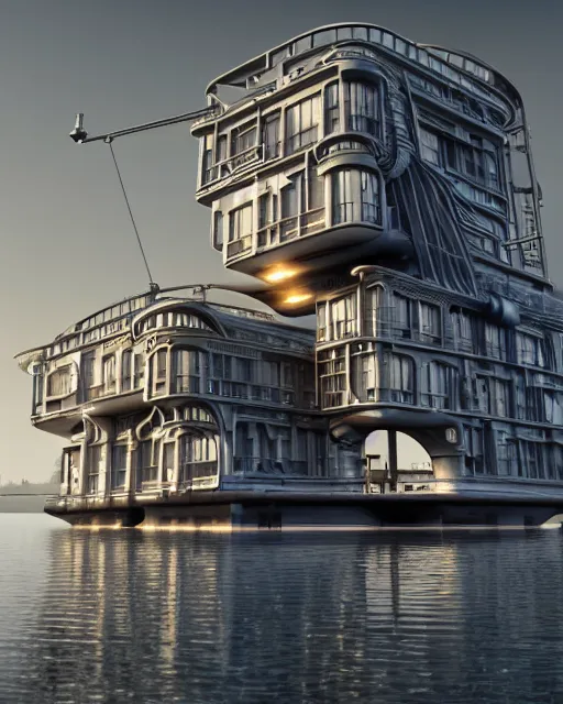 Prompt: a beautiful ultradetailed highly detailed city industrial architecture unfinished building houseboat by georgia o'keeffe, morning sun futuristic otherworldly sea dieselpunk, archdaily, wallpaper, highly detailed, trending on artstation.