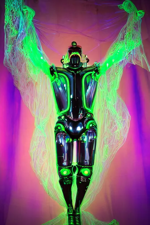 Image similar to full-body baroque and bladerunner style green neon and ceramic statue of a muscular attractive Spanish robot god humanoid wearing a see-through silk cloak sim roupa, posing like a falling model, suspended from the ceiling with thick neon cables, glowing mint face, crown of red steampunk lasers, emeralds, swirling silver silk fabric. futuristic elements. oozing glowing liquid, full-length view. space robots. human skulls. throne made of bones, intricate artwork by caravaggio. Trending on artstation, octane render, cinematic lighting from the right, hyper realism, octane render, 8k, depth of field, 3D