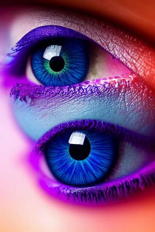 Prompt: macro photography of a hyper realistic stunning woman eye. shades of blue and purple in the iris with a forest reflected in it. epic scale, insanely complex, hyperdetailed, sharp focus, hyper realism, artstation, cgsociety, 8 k, bright colors, by takato yamamoto, unreal engine 5