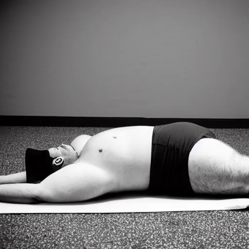 Prompt: a professional black and white studio photo of a large plump man failing to do a simple exercise lying flat on the ground crying he can't do it failure grainy sad tears depressing